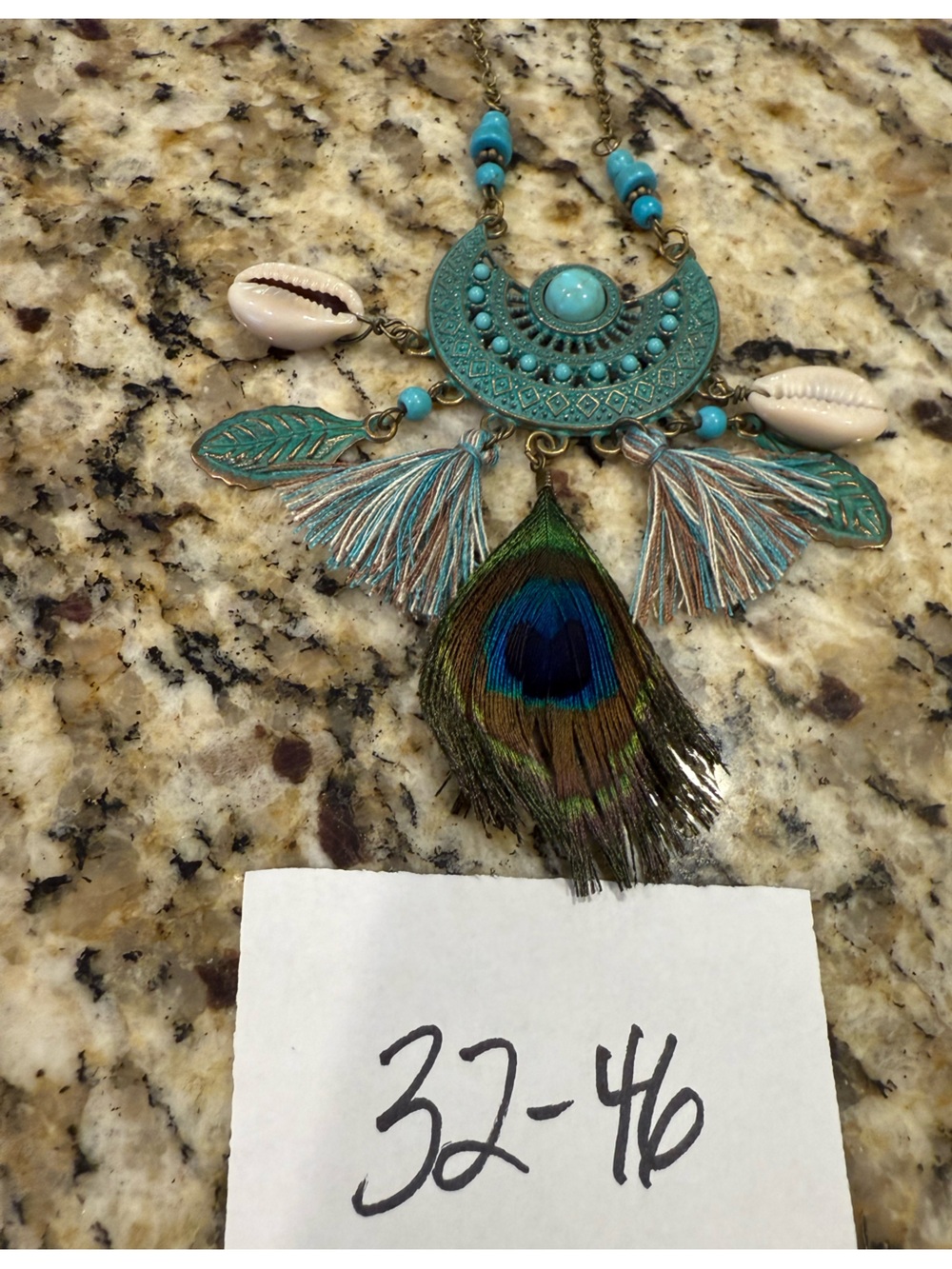 Coastal Cowgirl necklace peacock feather seashell embellishments 18” - Picture 7 of 8